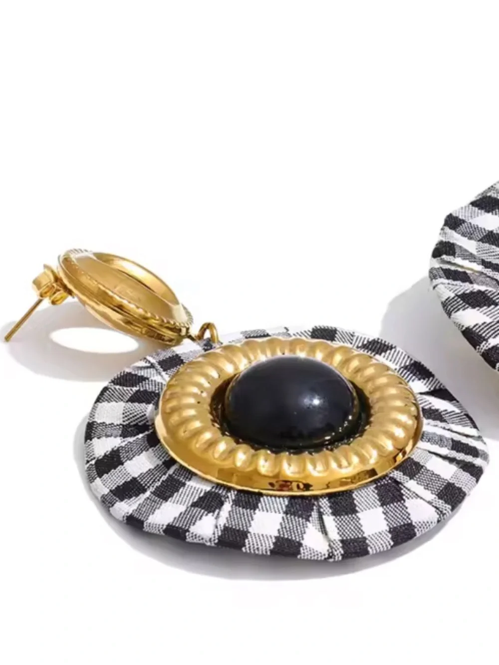 Parisian Chic Gingham Black Gold Earrings